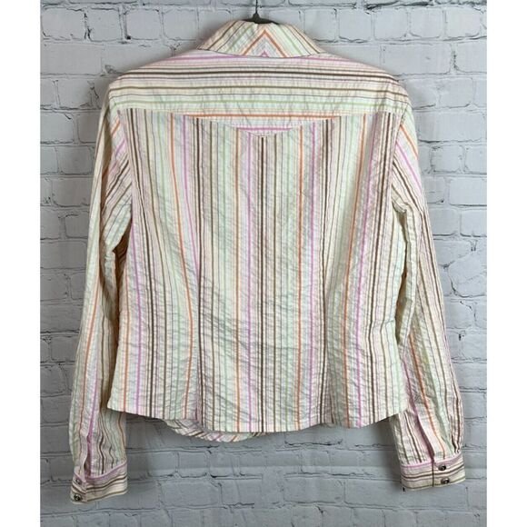 ST. JOHN cotton blend white multicolor striped button down shirt blouse top L - Picture 9 of 9